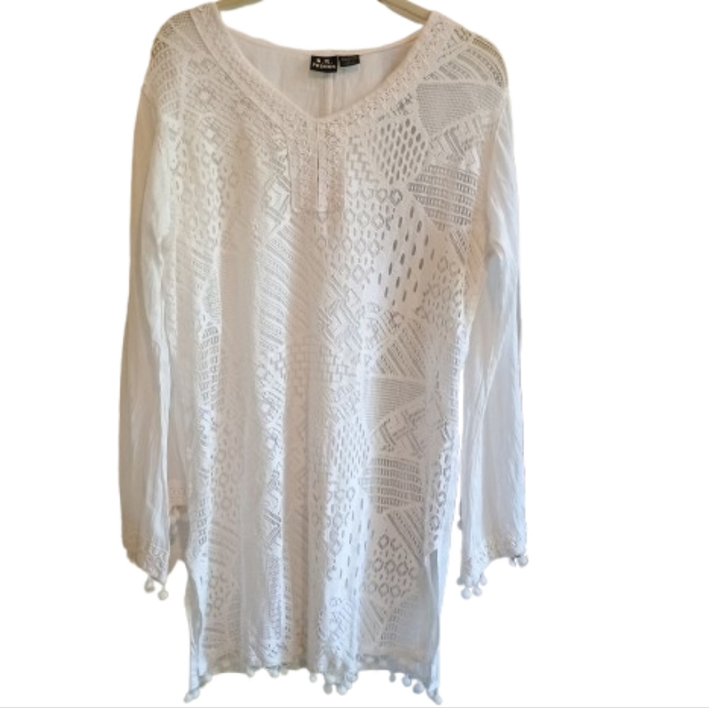 S R. Fashion White Crochet Tunic Beach Cover‎ Up Size L Cotton Tassel Trim Boho